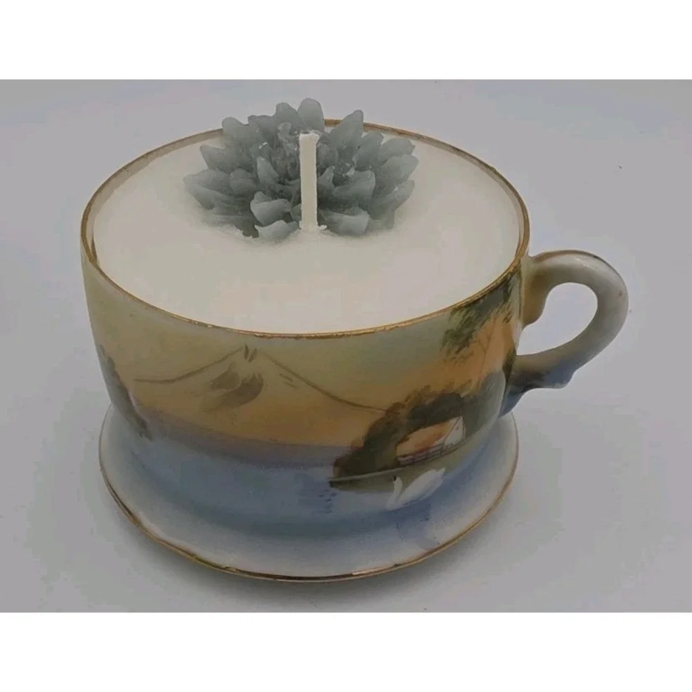 Vintage Japanese Eggshell Porcelain Mount Fuji Cup Snack Plate Set with Candle